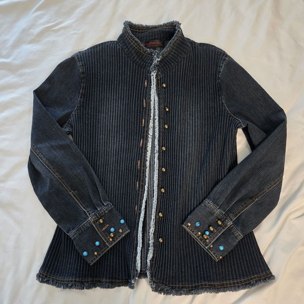 Vintage Pings Women Denim Jacket Turquoise Gold Studs Western pleats Y2K Size M